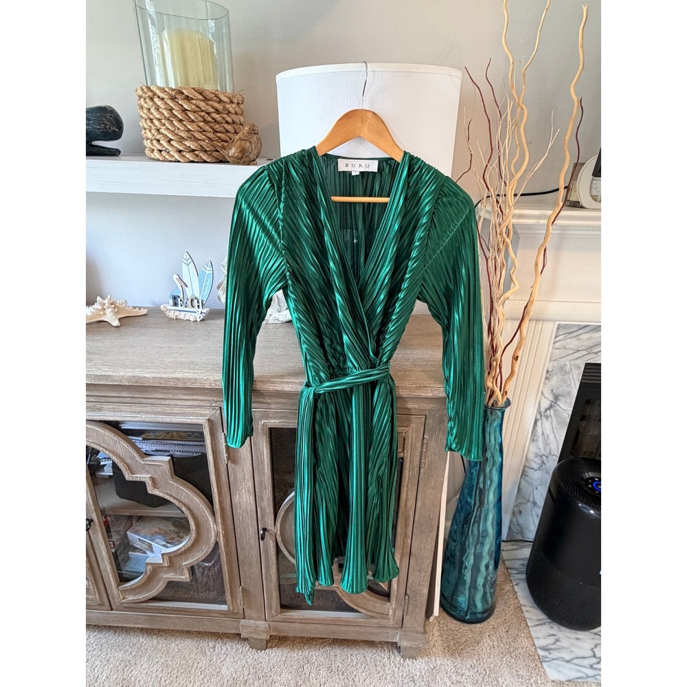 BURU Pleated Plissé Wrap Dress Womens Green Small